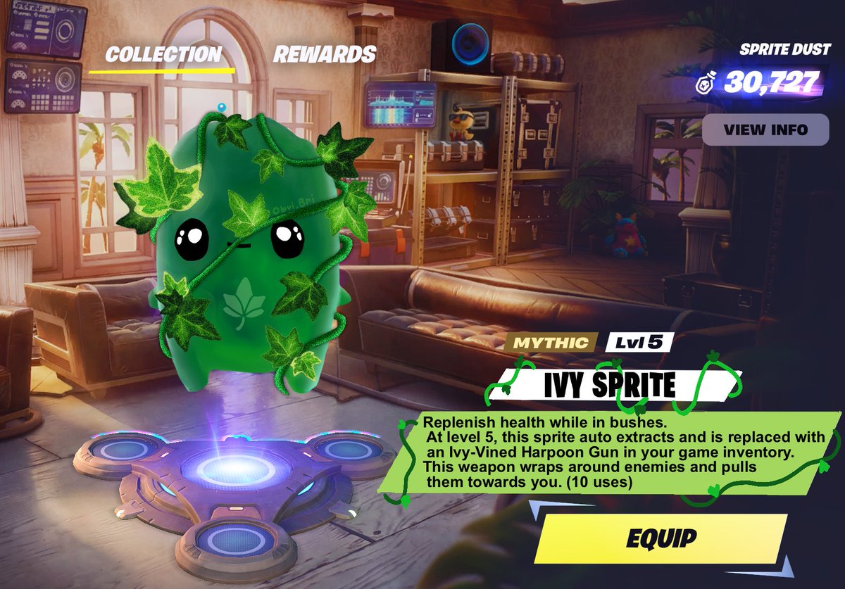 BriObvi's tweet photo. My sprite entry! Ivy Sprite! 

-Replenishes health while in bushes
-At level 5, this sprite auto extracts and is replaced with an Ivy-Vined Harpoon Gun
-The Ivy Harpoon wraps around enemies and pulls them towards you

#DesignASprite #Fortnite @EpicTofuChris @TimSweeneyEpic https://t.co/BY27qNPUDf