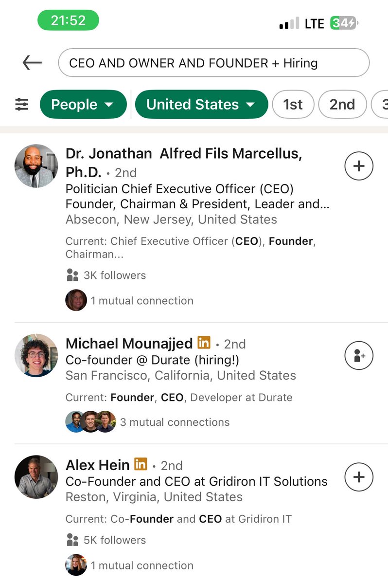 omoalhajaabiola's tweet photo. I did this few minutes ago on my LinkedIn app

- simple Boolean search
- I set it to show people who have CEO, Owner or founder in their title
- plus it must show those that are hiring too

Cost to do this: $0

You only need small LinkedIn knowledge and you are good to go https://t.co/mVBz8tAsKa