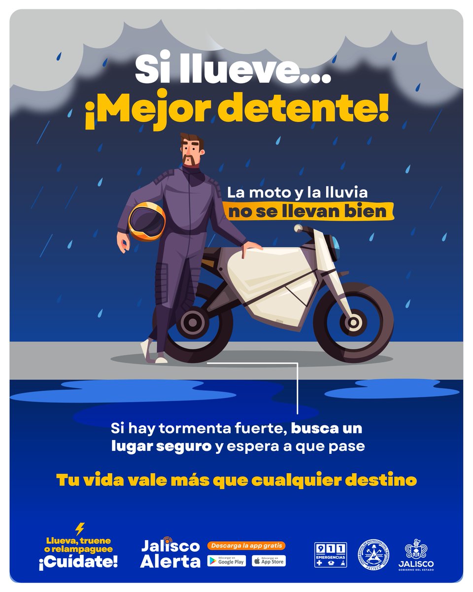 AgenciaAMIM's tweet photo. 🌧🏍️ Si llueve, mejor detente.
La lluvia reduce la visibilidad y vuelve el camino más riesgoso para quienes viajan en moto. Si la tormenta arrecia, busca un lugar seguro y espera a que pase. ⛈️
#AMIM https://t.co/TqVlX6mGhI