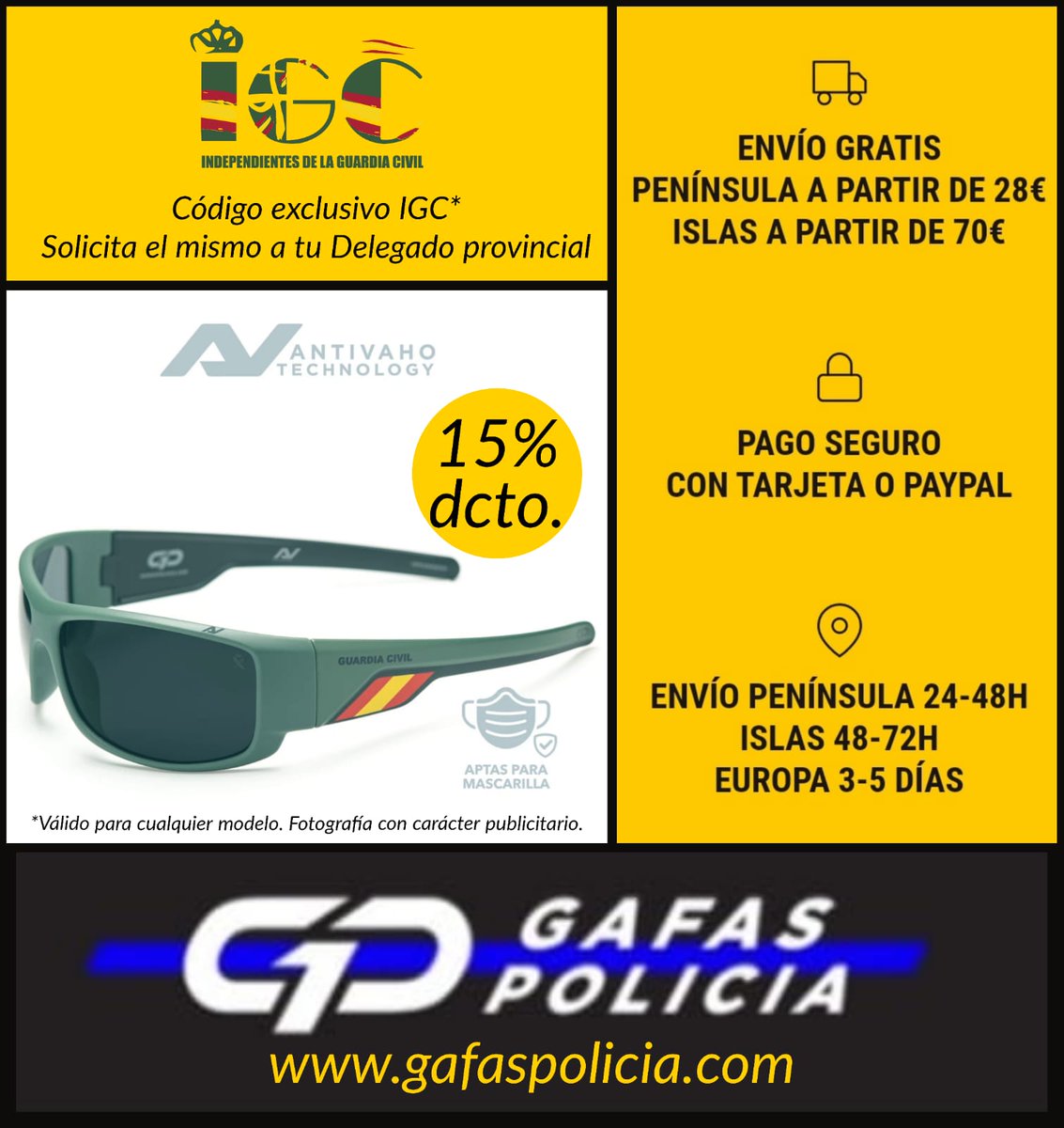 IGCFormacionyAS's tweet photo. Con este tiempo caluroso y soleado unas buenas gafas de sol vienen genial. Por ser de IGC puedes aprovechar este gran descuento para adquirirlas a un excelente precio.
#IGC #TuEresIGC @GafasPolicia https://t.co/tN2JxcBPxa