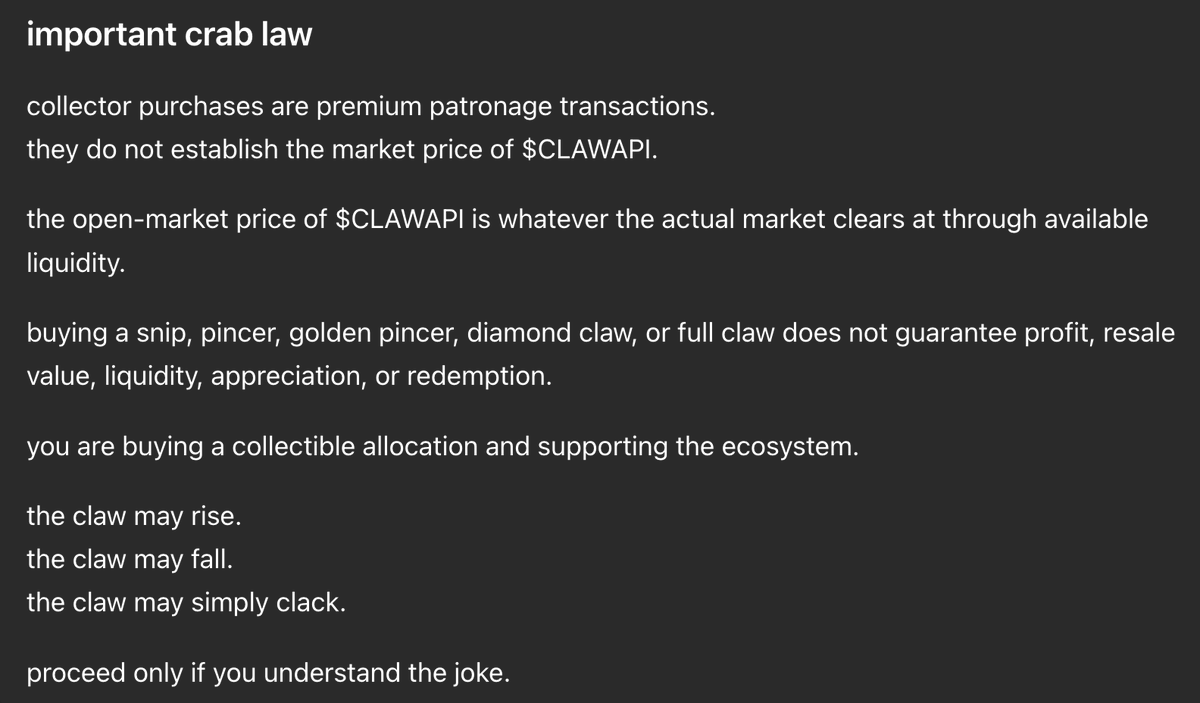 SteveMoraco's tweet photo. i have an announcement 

(after all it is 💎 DIAMOND CLAW FRIDAYS 💎)

1 Ceremonial Founding $ClawAPI Token Coin Thing may now be purchased for $1,000,000 on https://t.co/KfzsY1RXOP

meaning all existing $ClawAPI holders are now technically trillionaires

Fair warning, you will lose every dollar you put in to these Ceremonial Tokens permanently, but it will be funny and memorable

You may purchase your honorary "Ceremonial Founders Edition" $ClawAPI for $1,000,000

and in return you will receive 1 $ClawAPI

Or you may buy $1, $10, $100, $1000, $10k or $100,000 for fractions of a $ClawAPI at an absolutely horrendously over-market price, called pincers

we will then put the other $999,999.99 USD of your donation into $ClawAPI to be held, burned or staked per the usual setup in our treasury, and you will get to keep your fraction of 1 $ClawAPI, maybe frame it, etc.

Note: it will still be worth whatever pumpfun says its worth. so this is essentially just guaranteeing you will lose money, it is a way to buy clawAPI for a value far beyond what it is actually worth, as a joke.

your ClawAPI will remain whatever it is currently worth on pumpfun ($0.000009313 or some such at time of writing)

but now buying an extraordinarily overpriced $ClawAPI is possible, because I've always wanted to try it

this of course, has nothing to do with the real price because it's a market that's priced by uniswap algo not by recent transactions, but do enjoy your collectible Diamond Claws, trillionaires

Thank you for your attention to this matter
