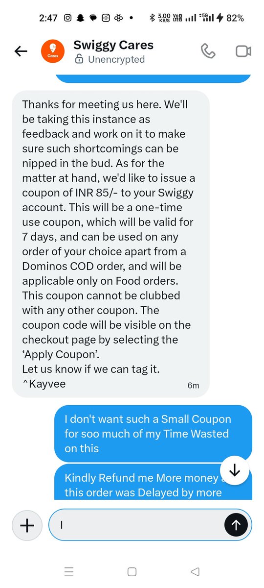 777Pvt's tweet photo. @SwiggyCares You guys are. Literally giving me a small coupon of 85₹ for literally a Delay of more than 2.5 hours have some shame! My food was Completely cold and Uneatable I'm not accepting such a Disappointing Compensation from u Guys! https://t.co/XJV48srjy8