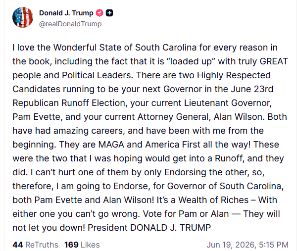 AF_Insight's tweet photo. Trump changes his endorsement in South Carolina to a co-endorsement. https://t.co/Duf4n0UgMA