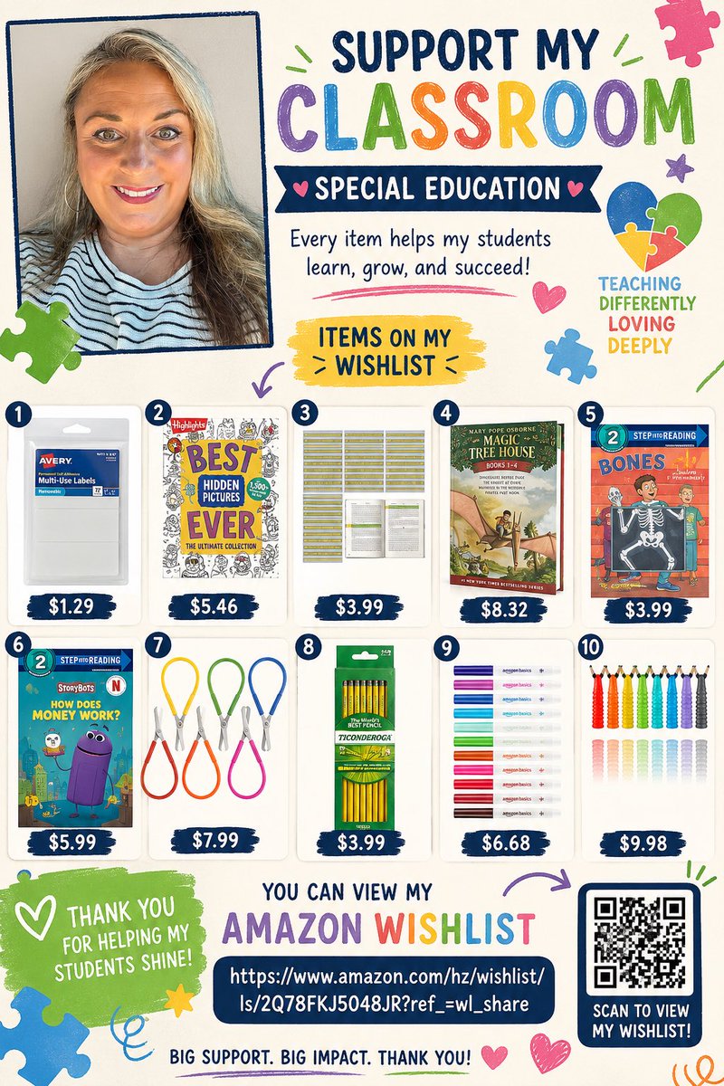 MrsAK12SPED's tweet photo. Hey everyone! I’ve been busy RP’ing when I can today, and just now got a chance to share my list for the day. I would be grateful for anything, and even RP’s. Everything on this photo is under $10, and I have many other items under $10 and many that are under $5! Any help is appreciated. #clearthelist #teacherangels #supportateacher #specialeducation #autism https://t.co/x5Ni8PjTy1