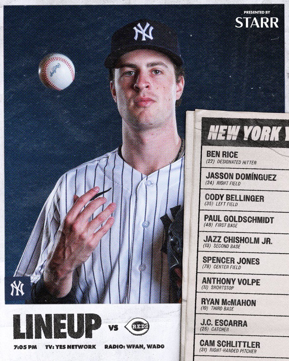 CoolYanksFan's tweet photo. #YankeeFans here's tonight's @Yankees lineup as @Yankees look to open this three game series with the @Reds with a strong lineup and with @Yankees @Cam31Schlittler on the mound and @Yankees @jcescarra catching 

#LetsGoYankees
#RepBX vs #ATOBTTR 
#YANKSonYES
#CamSchlittler https://t.co/FPVnmsskYw