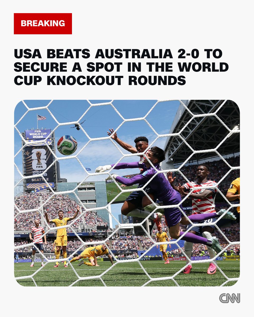 CNN's tweet photo. The United States is through to the knockout rounds of the 2026 World Cup after a 2-0 win over Australia in a game that got increasingly tense in the second half despite a comfortable American lead. https://t.co/6m4i8inxUc https://t.co/oVmAtUlc2m