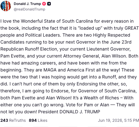fitsnews's tweet photo. 🐘🌴🌙🗳️ The dual endorsement is officially upon us... @RealDonaldTrump, in the ultimate hedge, endorses BOTH @AGAlanWilson and @PamelaEvette (his original gubernatorial primary choice) ahead of the 2026 Republican runoff election in South Carolina. #Crossroads2026 https://t.co/9q3ehM0ecJ