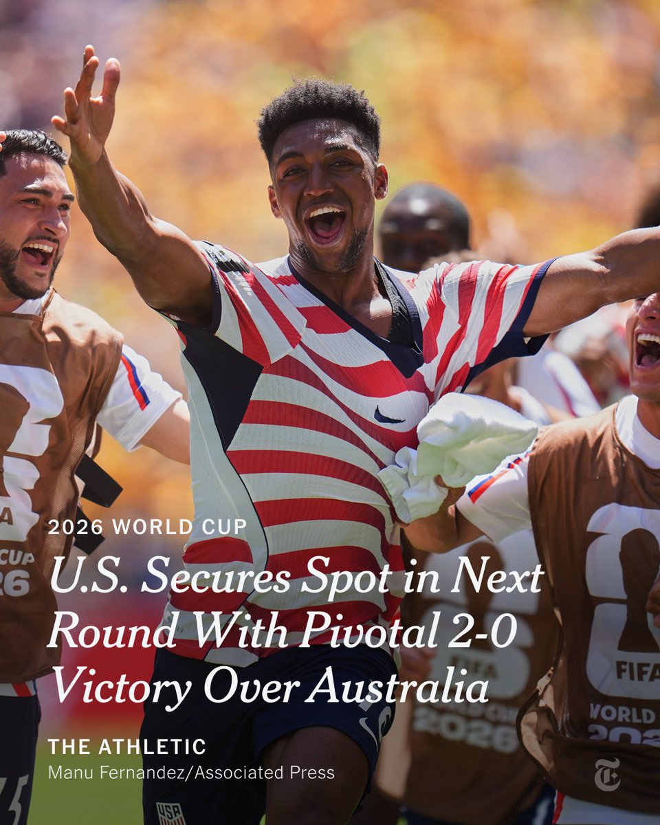 nytimes's tweet photo. From @TheAtheltic: The U.S. became the second country to reach the knockout stage of the 2026 World Cup with a commanding 2-0 victory over Australia in Seattle. https://t.co/faiW6nXTIu https://t.co/K6rgowxXWo