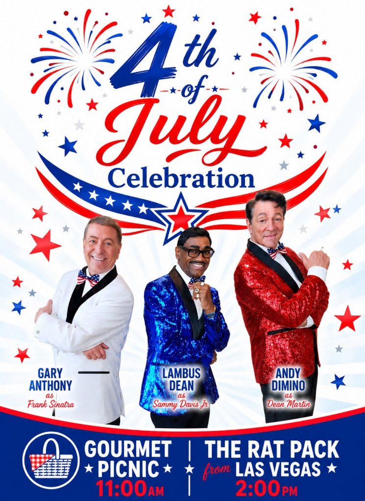 GaryAnthonyFS's tweet photo. 🇺🇸✨ 4th of July! Celebrate America’s 250th Birthday in Spectacular Style at The Wick Theatre with The Rat Pack Tribute. Gary Anthony as Frank SInatra, Andy DiMino as Dean Martin and Lambus Dean as Sammy Davis Jr. TICKETS: https://t.co/eslPmfCdQR https://t.co/dqWG7ebpGm