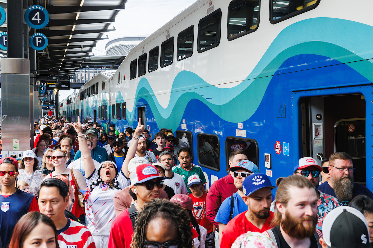SoundTransit's tweet photo. Victory for Team USA!⚽️ We’re proud to help move the people who move the game. Thanks for riding with us! 🚊✨ https://t.co/7nuunY9GV5