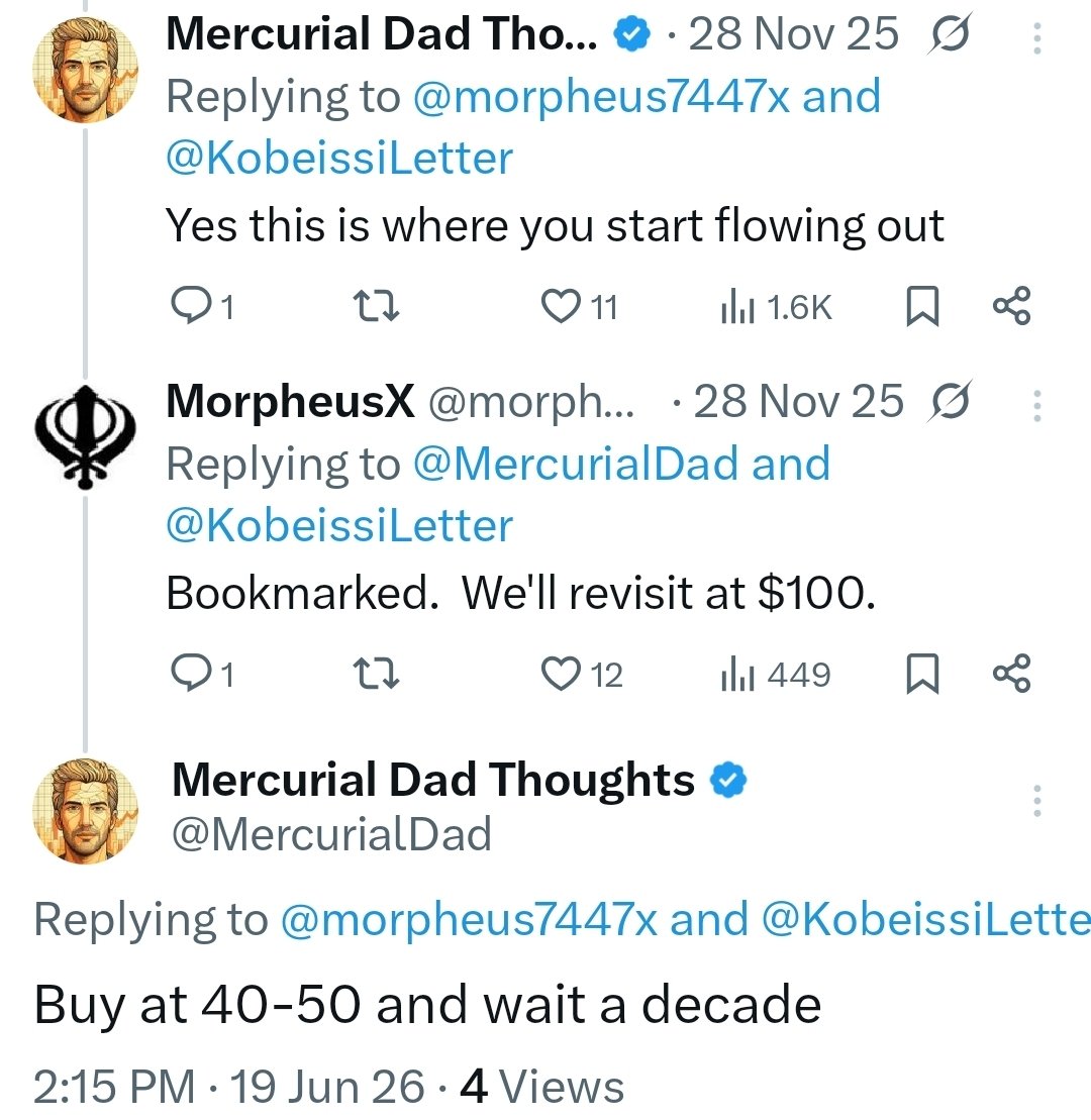 morpheus7447x's tweet photo. @MercurialDad @KobeissiLetter We aren't going to see sub 50.  You sold the last run way too early based on your 11/28 post. We actually ran to 120 so even exceeded my target of 100.  Current no brainer buy is 55-60 although I think we may not even see sub 60 https://t.co/U0SqG6VdD9