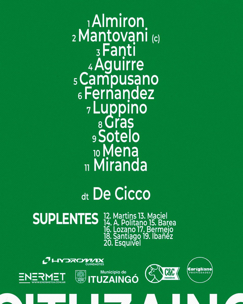 ItuzaingoPrensa's tweet photo. ¡ASÍ FORMA #ITUZAINGÓ! 👊🏽💚

Titulares y suplentes para enfrentar a Liniers desde las 19.

#VamosVerde 🟢⚪️🟢 https://t.co/tQrWS6V4et