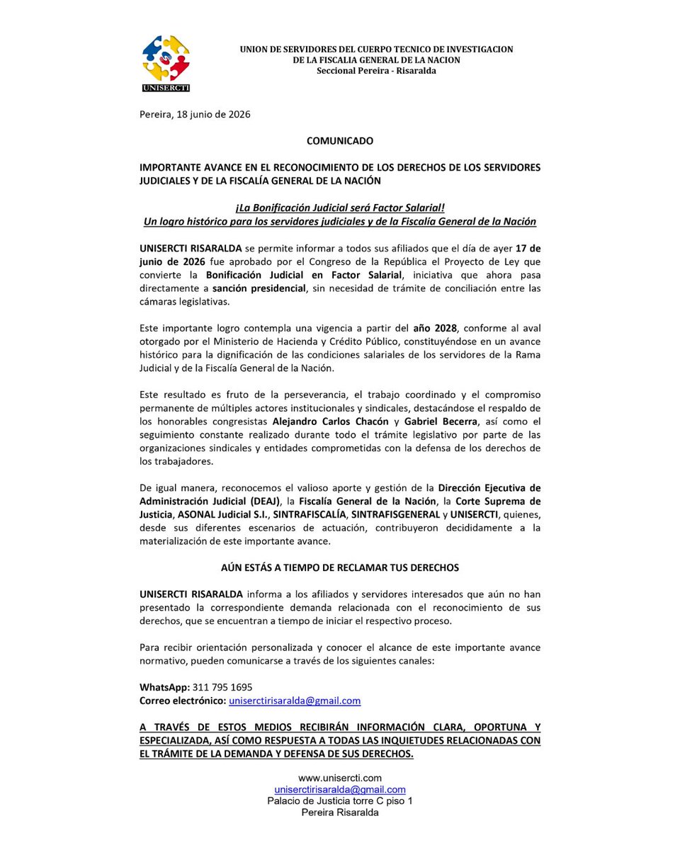 Unisercti's tweet photo. 🔥 ¡LOGRO HISTÓRICO! El Congreso aprobó el Proyecto de Ley que convierte la Bonificación Judicial en Factor Salarial para servidores judiciales y de la @FiscaliaCol. Pasará a sanción presidencial y regirá desde 2028. Un avance clave de la gestión sindical. https://t.co/T7yDHP3uzG