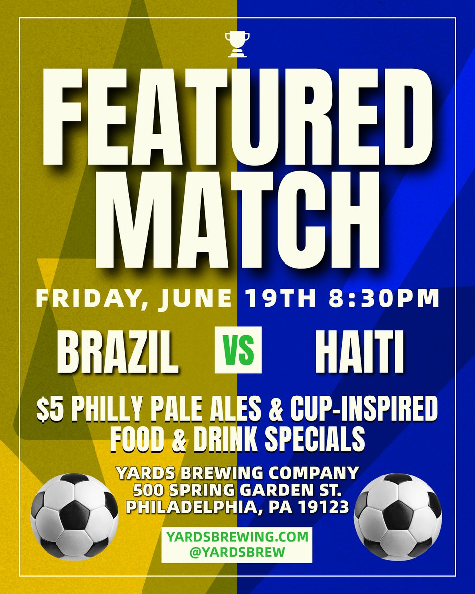 yardsbrew's tweet photo. Brazil. Haiti. Friday night. Let's make some noise. 🇧🇷🇭🇹⚽

Kicks off at 8:30 PM with Brazil taking on Haiti, and we'll have the sound on, the pints pouring, and the crowd ready.

🍺 $5 Philadelphia Pale Ale pints
🍔 Tournament-inspired food &amp; drink specials
🅿️ Free parking https://t.co/sxDX3iE6PT