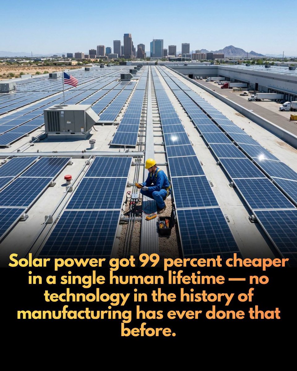 EarthAccounting's tweet photo. In 1976, a single watt of solar panel capacity cost $106. Today it costs less than $0.20. https://t.co/yyKSNQFDOy