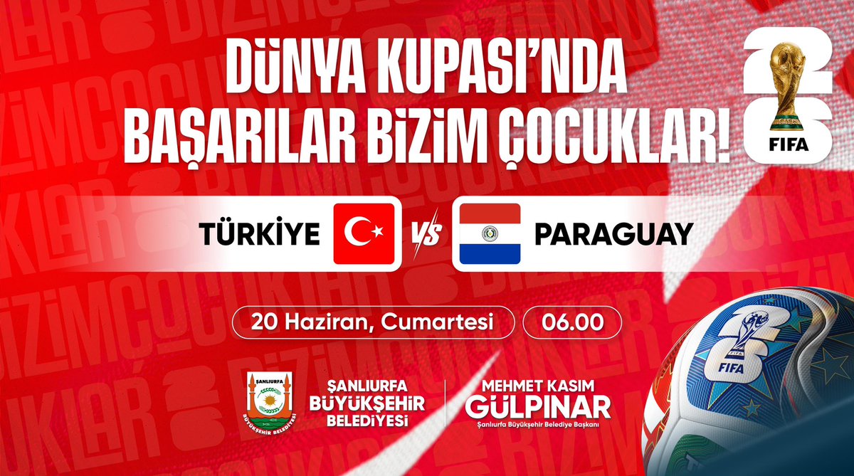 sanliurfabld's tweet photo. Tüm Türkiye tek yürek, kalbimiz #BizimÇocuklar ile atıyor! 🇹🇷

2026 FIFA Dünya Kupası’ndaki ikinci maçında Paraguay karşısına çıkacak olan A Millî Takımımıza yürekten başarılar diliyoruz. 

Dualarımız ve inancımız sizinle! https://t.co/bmEuGzz7Rg