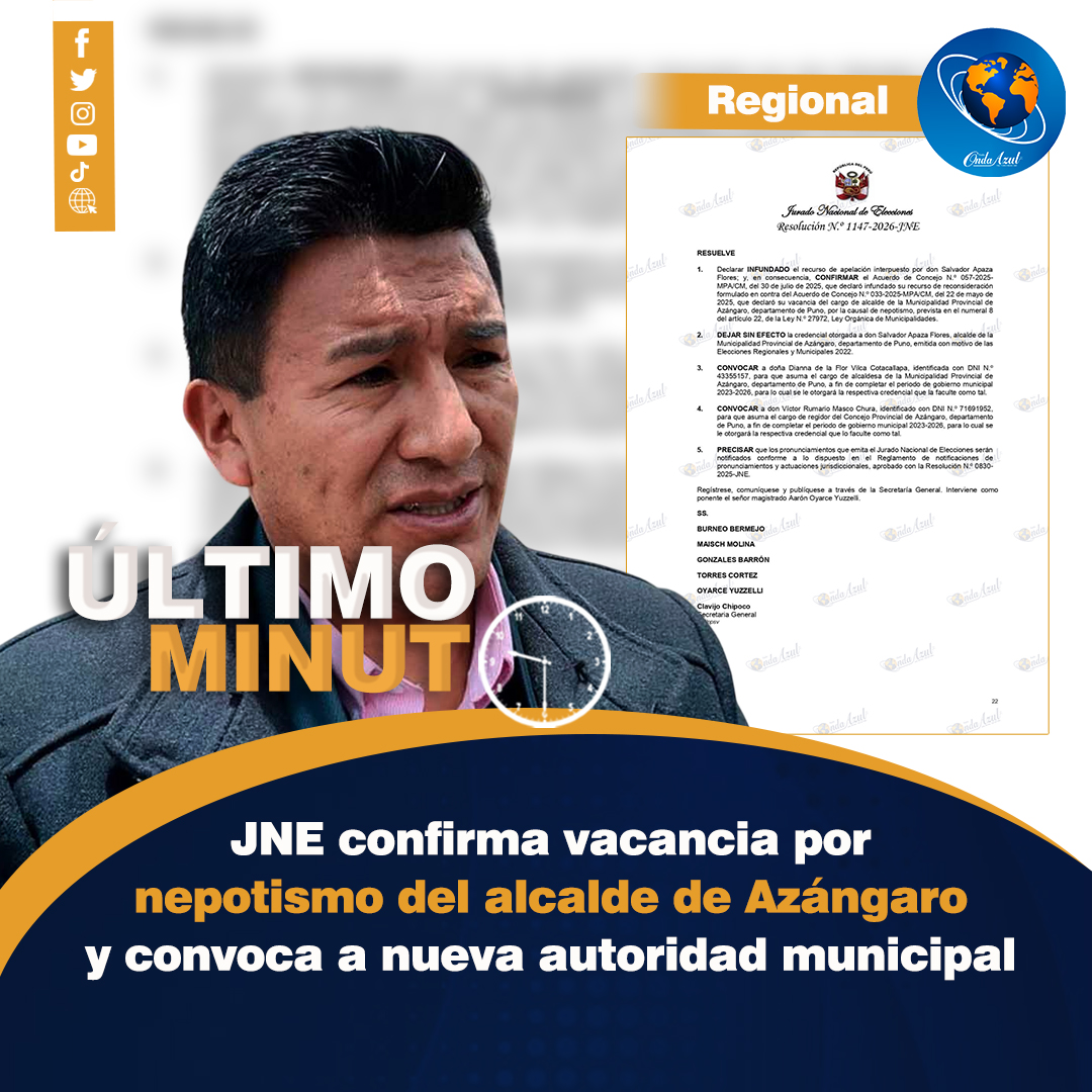 ROApuno's tweet photo. 🔵🟡 #ÚltimoMinuto | El Jurado Nacional de Elecciones (JNE) declaró infundado el recurso de apelación presentado por Salvador Apaza Flores y confirmó su vacancia como alcalde de la Municipalidad Provincial de Azángaro, en la región Puno, por la causal de nepotismo. https://t.co/WqerihmEX1