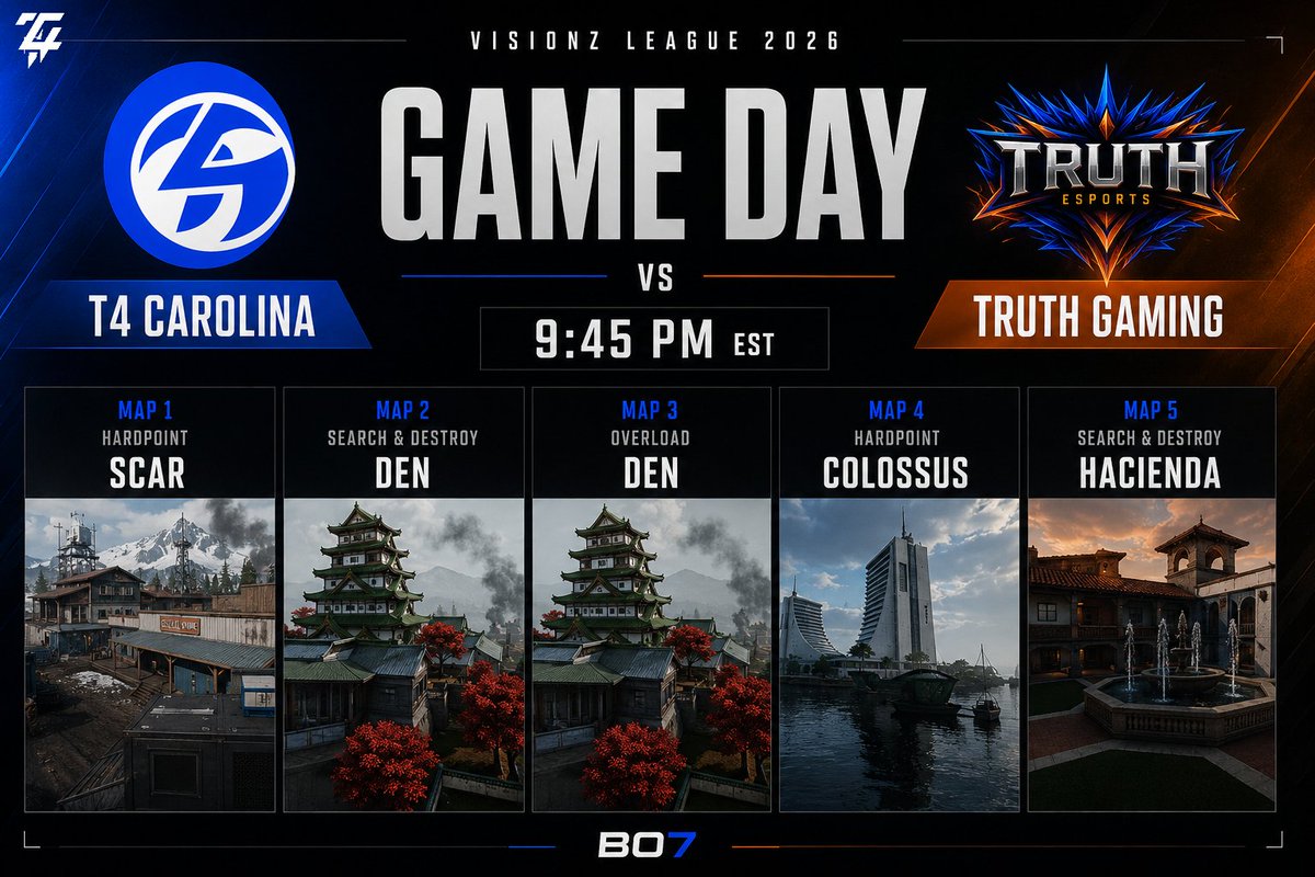T4_Carolina's tweet photo. 🚨 IT’S GAME DAY 🚨

Tonight we step into the VisionZ League and put everything we’ve worked for to the test.

⚔️ T4 Carolina vs Truth Gaming
🕘 9:45 PM EST
The map pool is locked.
The squad is ready.
Now it’s time to prove ourselves.

Built through chaos. Ready for battle. 🔥
#T4Carolina #VisionZLeague #CODCompetitive  #HomeOfChaos #MoreThanJustGaming