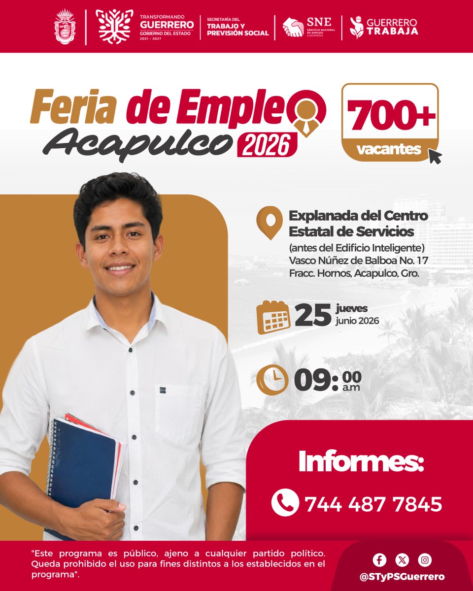 acabusoficial's tweet photo. ¡Más de 700 vacantes te esperan en la Feria de Empleo Acapulco 2026!
📄 Acude con solicitud elaborada.
📅 jueves 25 de junio, 🕑9:00 horas, 📍Calle Vasco Núñez de Balboa No. 17, Fracc. Hornos, Acapulco, Gro.
Regístrate en: https://t.co/HDUBLuKapf
#GuerreroTrabaja https://t.co/4acEJPT4ev