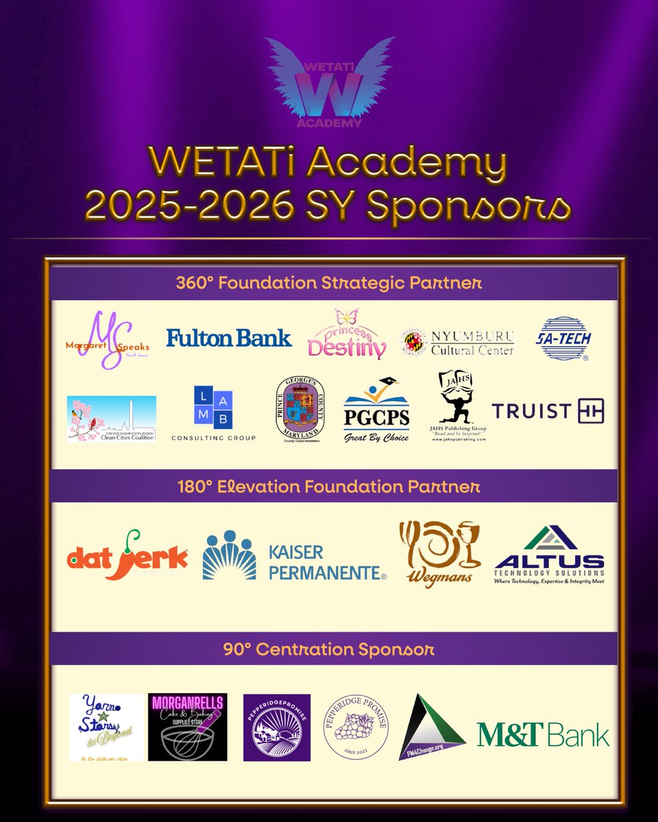 Wetati's tweet photo. On behalf of WETATi Academy we would like to thank each of our 2025 - 2026 SY WETATi Academy Sponsors who contributed to the success of our 2025 - 2026 SY.

💜 360° Foundation Strategic Partner
💙 180° Elevation Foundation Strategic Partner
💛 90° Centration Sponsor https://t.co/D8LnBSNGAY