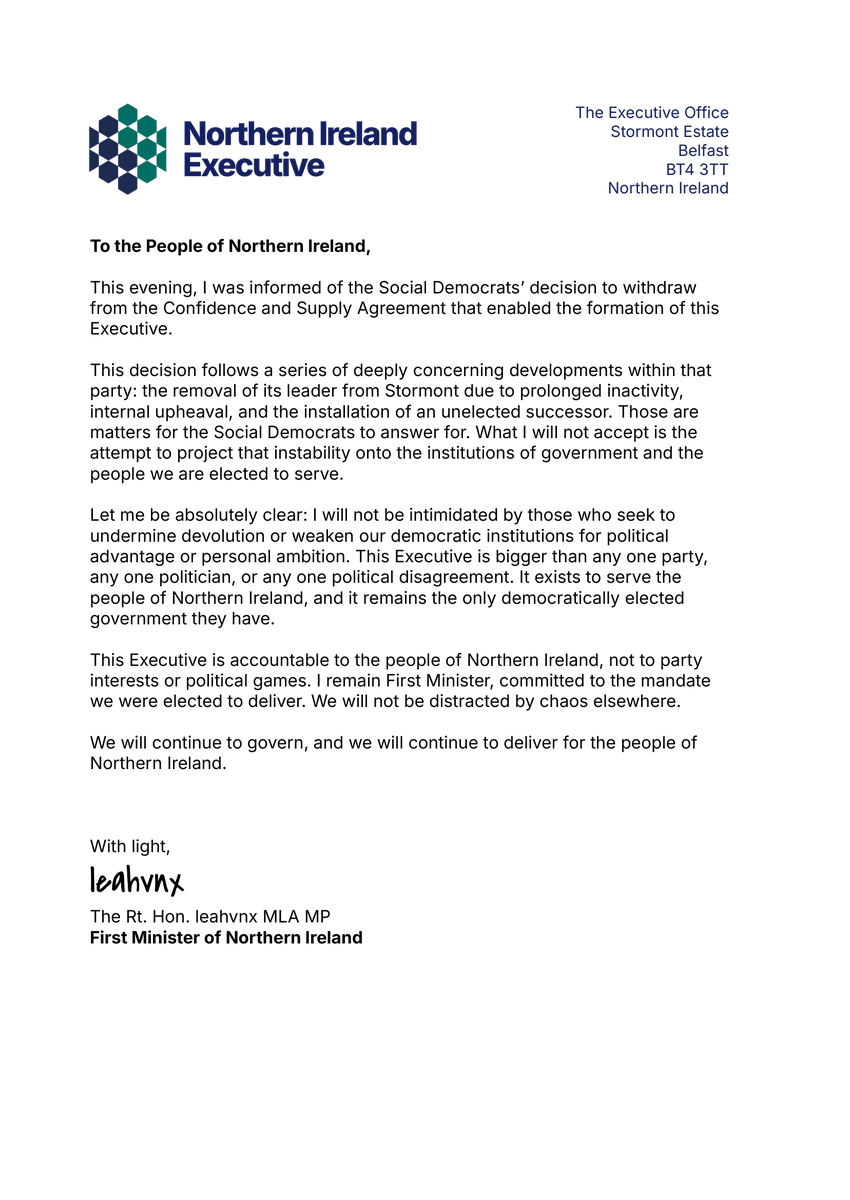 leahvnx_rbx's tweet photo. The people of Northern Ireland deserve stable government, not political chaos. My message tonight is simple: this Executive will not be distracted from its duty. We will continue to govern, and we will continue to deliver. https://t.co/1O0016I1qb