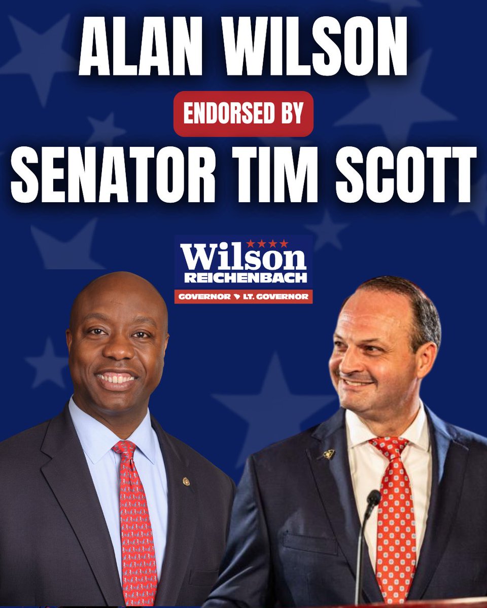 AGAlanWilson's tweet photo. “I have always believed that faith in God, faith in one another, and faith in America’s promise can overcome any challenge. Alan Wilson shares that belief. He is a man of deep faith, strong character, and unwavering conviction who has dedicated his life to serving South Carolina. I’m proud to endorse Alan for Governor because he will lead with humility, courage, and an optimistic vision for our state." -U.S. Senator Tim Scott