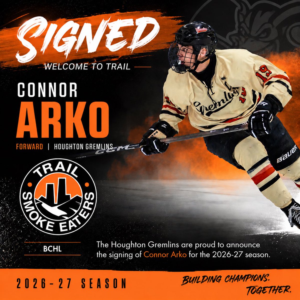 HoughtonHockey's tweet photo. Connor Arko signed with the Trail Smoke Eaters of the British Columbia Junior Hockey League earlier this spring. He’s excited to play for such a tradition rich organization. Congratulations Connor!
#mightygremlins 
#trailsmokeeaters https://t.co/CshhrB3j1V