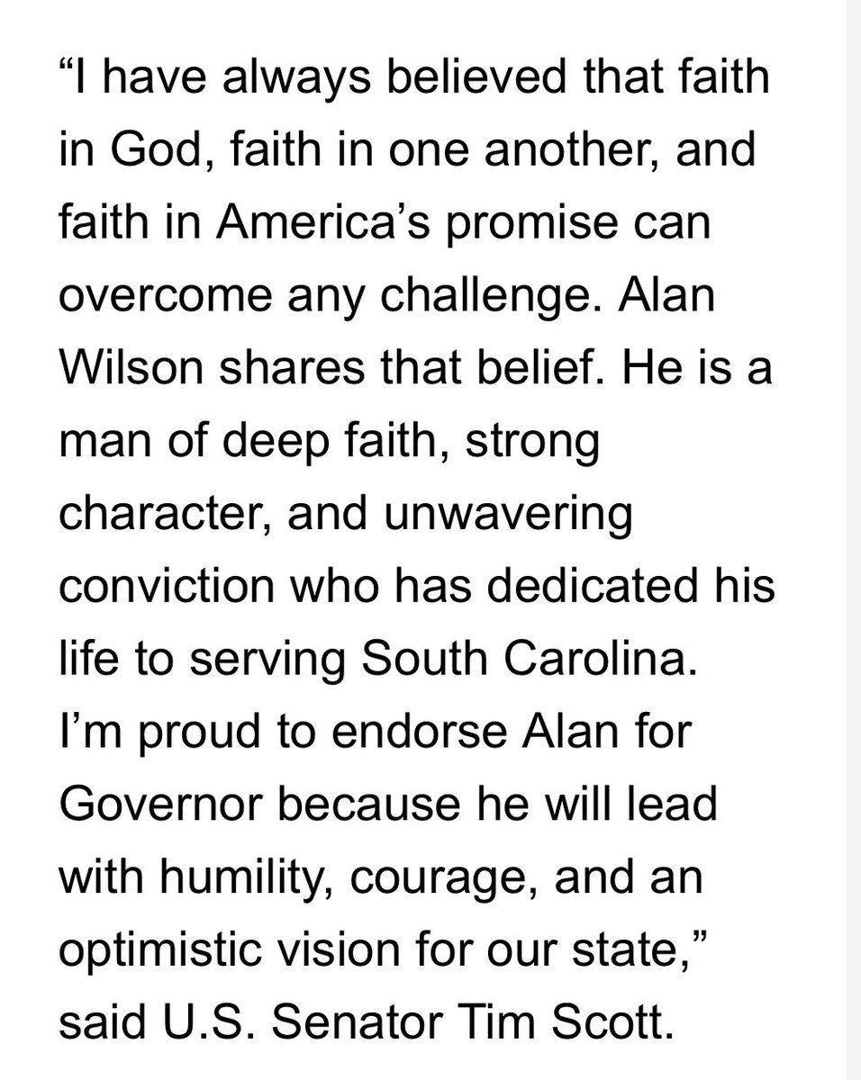 DoughertyJC's tweet photo. ANOTHER ENDORSEMENT: @AGAlanWilson has also just received the endorsement of @votetimscott. 

Comes just minutes after President Trump’s co-endorsement of Wilson.

@foxcarolinanews https://t.co/GLH7eRtFCu