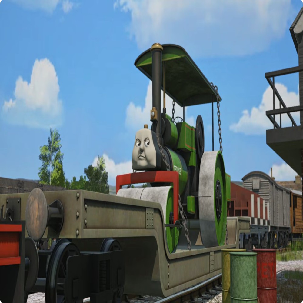 TrainzGalore's tweet photo. George's Temporary Replacement

The Sodor Island Council, Miss Jenny's Sodor Construction Company and The Transport Minister eventually got sick George the Steamroller from causing trouble on Sodor one time too many and in the end they had the final straw, George was banned from the roads and sent packing into retirement at a road transport museum on The Mainland. So they decided to borrow Roley on loan from Bob's Can-Do Crew at Fixham Harbour until they were able to find a permanent replacement for George and from what the Railway Engines had heard from Bertie, Terence and Trevor, The Sodor Island Council's brand new modern Diesel Roller had been more pleasant and hard working to be around with much to the Railway Engine's relief.