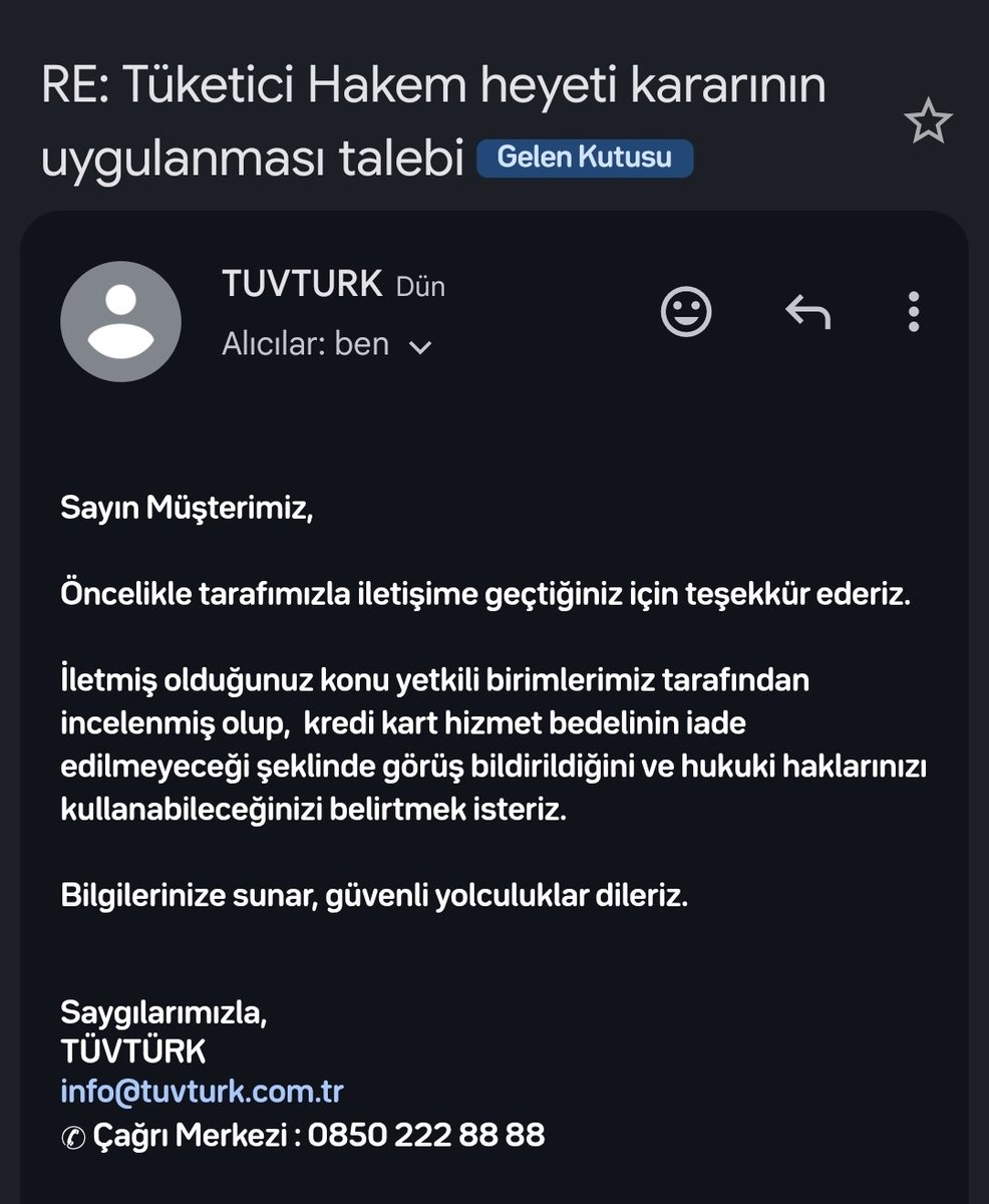 samsunakca's tweet photo. TÜVTÜRK'un kredi kartı ile tahsilatında hizmet bedeli adı altında fark aldığı için THH'ye başvurdum ve kabul edildi. Farkın iadesine karar verildi ama TÜVTÜRK ödemem diye mail attı. 111₺ için dava mı açmam gerekiyor? Karar metni ve TÜVTÜRK cevabı ektedir.

@bekir_kaplan https://t.co/IvYz0YqoKg