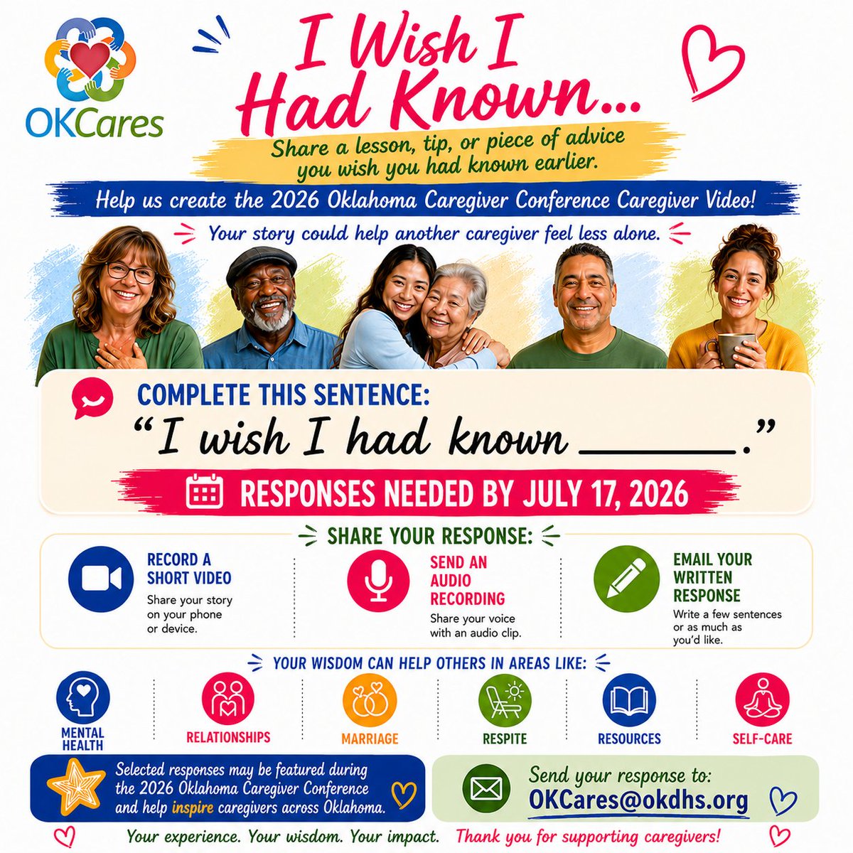 OKCares2's tweet photo. We're creating a special video for the 2026 Oklahoma Caregiver Conference. 

"I wish I had known ______."

Maybe it's:
• I wish I had known it was okay to ask for help.
• I wish I had known about respite services sooner.

Send response to OKCares@okdhs.org by July 17, 2026. https://t.co/3yzGSbGYIT