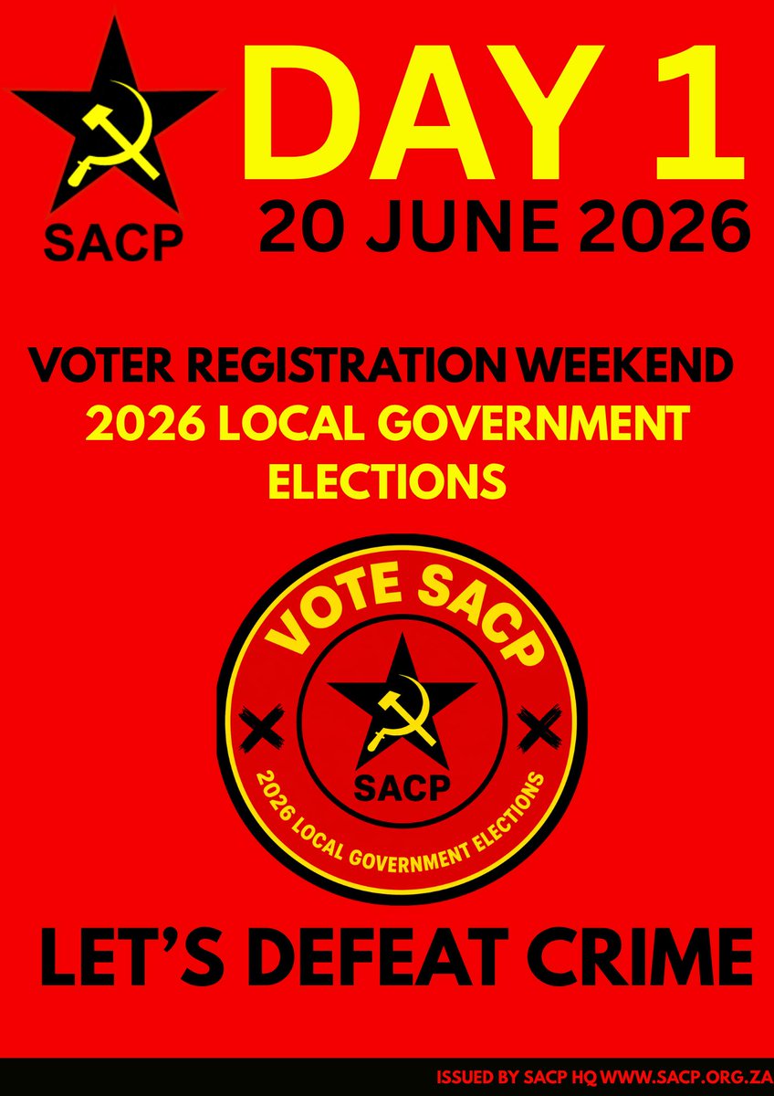 GPSACP's tweet photo. [REGISTER TO VOTE TODAY] SACP GP encourages residents of GP to visit their Voting Districts to register to vote in the 2026 Local Government Elections. You can also  SMS your ID number to 32810 or visit https://t.co/gWbonzCXvk⁠

🔴⚫️🟡

#RegisterToVote2026LGE
#VoteSACP
#SACP https://t.co/sUYYgSczA0