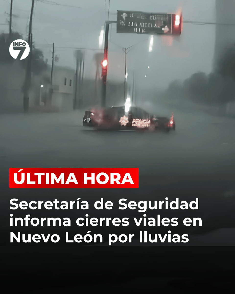info7mty's tweet photo. 🚧⚠️ La Secretaría de Seguridad de Monterrey informó cierres viales en distintos puntos de la ciudad debido a las lluvias registradas este día, por lo que exhorta a la ciudadanía a tomar precauciones al circular.

📍 Cierres viales activos:
● Ruiz Cortines y Gonzalitos
● Fidel Velázquez y Copán
● Aarón Sáenz y Rogelio Cantú
● Garza Sada y Parque Canoas
● Antiguo Camino a Villa de Santiago y Santa Anita
● Bartolomé Mitre y Marcelo Torcuato
● Ruiz Cortines y Conchello
● Carriles exprés de Morones Prieto a la altura de Félix U. Gómez

Las autoridades recomendaron evitar las zonas afectadas, manejar con precaución y comunicarse al 9-1-1 en caso de emergencias o para solicitar auxilio vial.