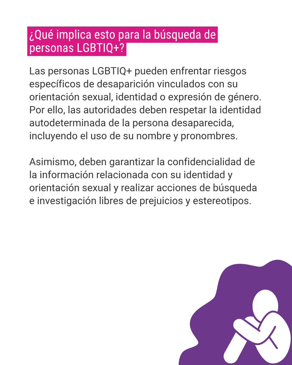 ddhh_scjn's tweet photo. Cuando una persona LGBTIQ+ es víctima de desaparición, las autoridades tienen el deber de incorporar un enfoque diferencial y especializado que considere posibles contextos de discriminación, violencia y vulnerabilidad. Conoce este enfoque 🧵

#DGDHJP  #DesapariciónForzada https://t.co/2Gqypk6SML