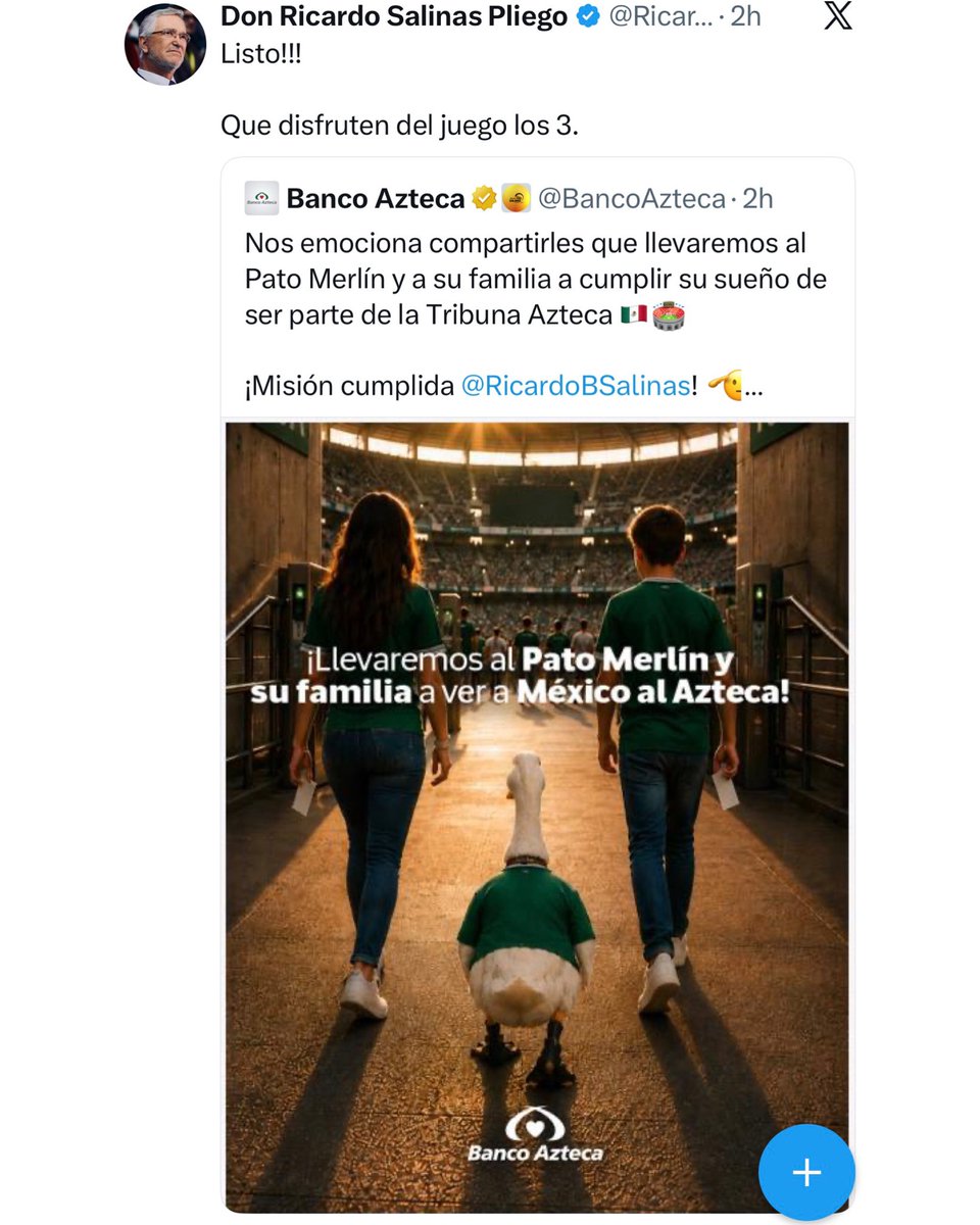 marcelcarrillog's tweet photo. En otras noticias, el empresario @RicardoBSalinas le dio una cachetada con guante blanco a la psicópata de Palacio Nacional al invitar al pato Merlín y a su familia al Estadio Azteca para el próximo partido de México.

Mientras Claudia Sheinbaum los quiere llevar a su circo mañanero con el único propósito de utilizarlos para lavarse la cara, Don Ricardo les regala un día inolvidable en familia.

Hay niveles.