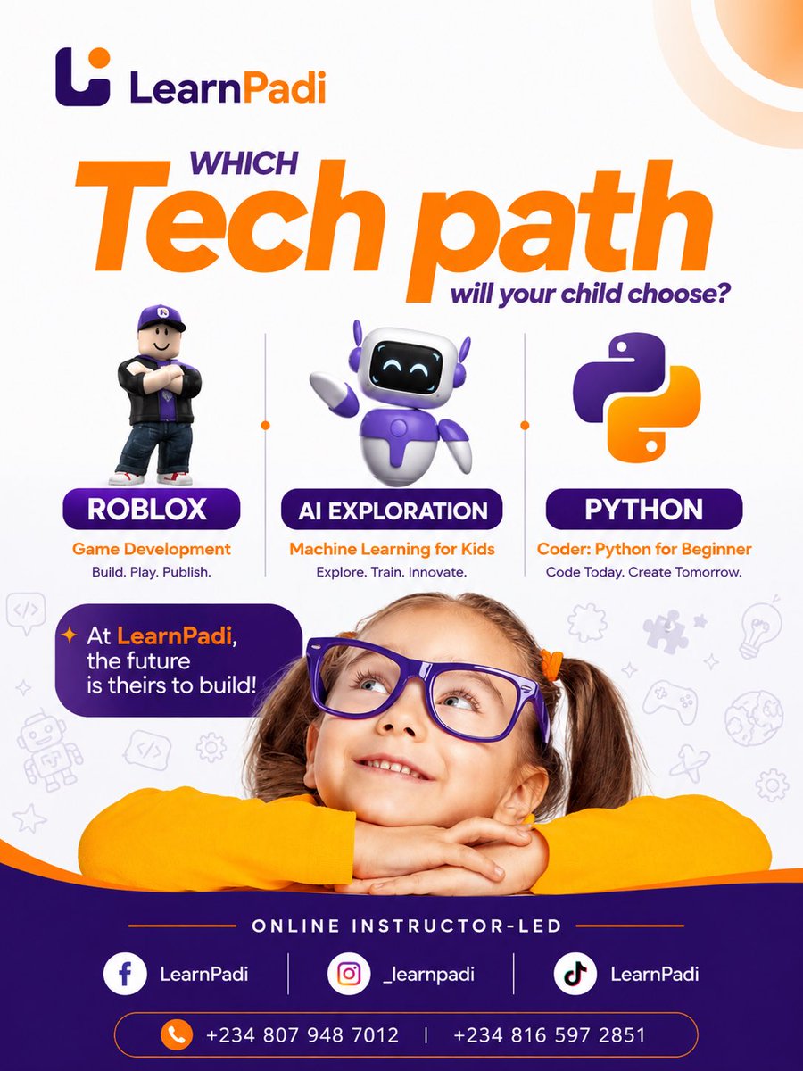 learnpadi's tweet photo. This summer, will your child spend weeks scrolling… or build robots, create games, explore AI, and learn coding? 🤖🎮💻

At LearnPadi, we're raising tomorrow's innovators today. 🚀

✨ Which tech path will YOUR child choose?

📞 +2348079487012 | +2348165972851

 #SummerSchool https://t.co/tKsMooF0L9