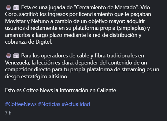 aguila_tech's tweet photo. Los amigos de Cafe Vital Radio tienen una teoria de lo que sucedió con @DSports , una jugada estratégica de @Simple_vzla, sacar los canales de la competencia y quedar ellos casi con la exclusividad, me recuerda a la jugada de Coca-Cola a Pepsi en los 90 por parte de Cisneros https://t.co/ySKaAhnCM9