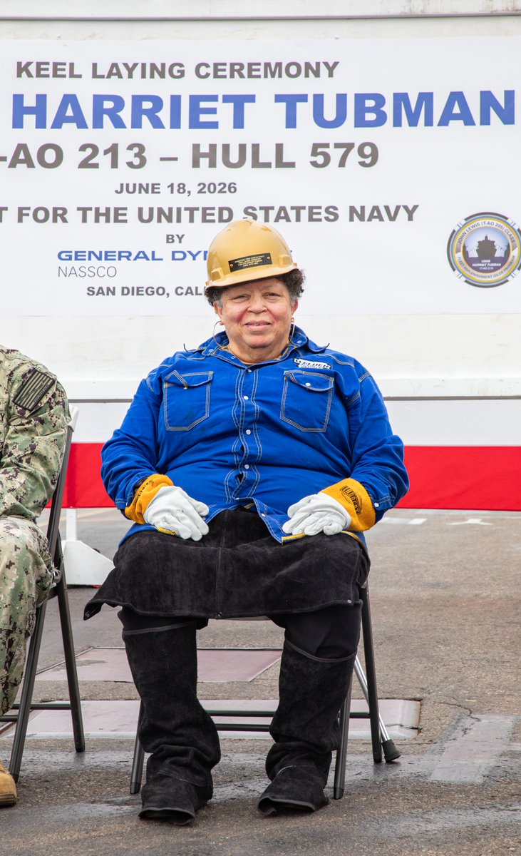 GDNASSCO's tweet photo. Yesterday, NASSCO shipbuilders celebrated the keel laying for the future USNS Harriet Tubman (T-AO 213). To make the milestone truly unforgettable, we were joined by the ship’s sponsor, Ernestine “Tina” Martin Wyatt – the 3x great-grandniece of Harriet Tubman herself.

Ms. Wyatt welded her initials onto a steel plate, permanently weaving her family’s historic dedication to justice and courage into the very backbone of this vessel. 💥

“As we lay the keel for this vessel that bears her name, we recognize that, like Harriet Tubman, this ship will embody the spirit of courage and freedom, forging the path to protect and uplift those in need wherever those missions may be,” said Mai Hansen, NASSCO T-AO Program Manager. “Guided by her spirit and dedication once we leave here today, NASSCO’s skilled shipbuilders will continue doing what they do best—working with passion and urgency to deliver these much-needed ships to the fleet.”

Thank you to our incredible team and all who gathered for this ceremony!

#NASSCOBuilt #HarrietTubman