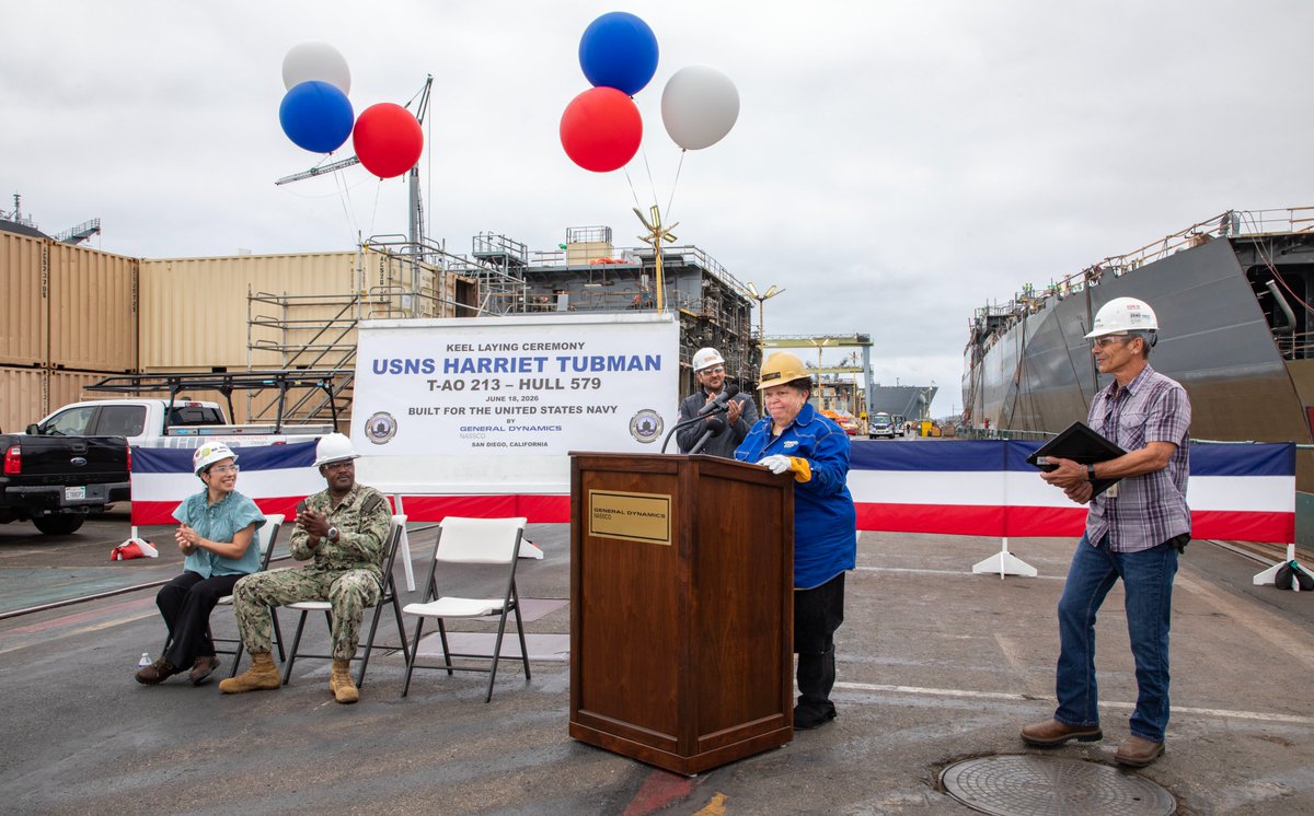 GDNASSCO's tweet photo. Yesterday, NASSCO shipbuilders celebrated the keel laying for the future USNS Harriet Tubman (T-AO 213). To make the milestone truly unforgettable, we were joined by the ship’s sponsor, Ernestine “Tina” Martin Wyatt – the 3x great-grandniece of Harriet Tubman herself.

Ms. Wyatt welded her initials onto a steel plate, permanently weaving her family’s historic dedication to justice and courage into the very backbone of this vessel. 💥

“As we lay the keel for this vessel that bears her name, we recognize that, like Harriet Tubman, this ship will embody the spirit of courage and freedom, forging the path to protect and uplift those in need wherever those missions may be,” said Mai Hansen, NASSCO T-AO Program Manager. “Guided by her spirit and dedication once we leave here today, NASSCO’s skilled shipbuilders will continue doing what they do best—working with passion and urgency to deliver these much-needed ships to the fleet.”

Thank you to our incredible team and all who gathered for this ceremony!

#NASSCOBuilt #HarrietTubman