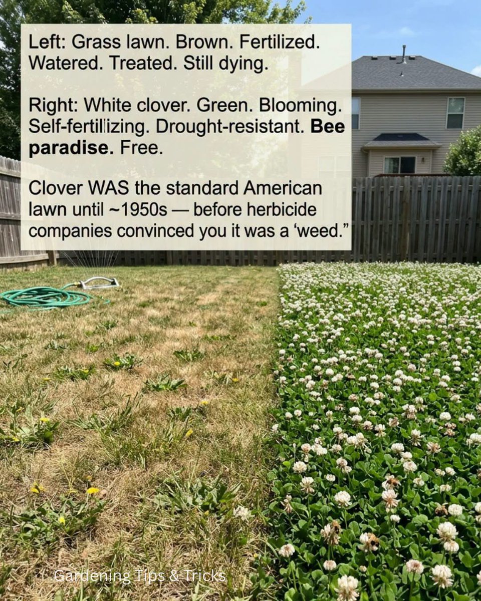 IV_Musketeer's tweet photo. Before the 1950s, clover was a STANDARD component of American lawns. 

Seed mixes included it on purpose.

Then broadleaf herbicides were invented. 

They killed clover along with "weeds." So the chemical companies rebranded clover as a weed — to sell more herbicide.

That's it. That's the whole story.

Clover is not a weed. It's the future of your lawn.

White Dutch clover (Trifolium repens):
Self-fertilizing — fixes nitrogen from the air into the soil. No fertilizer needed. EVER. 

…and it feeds the grass around it for free.

Drought-resistant — stays green when grass goes brown.

Bee paradise — constant blooms from May to frost.

Chokes out weeds — dense growth shades out weed seeds.

No mowing needed (stays 4-6 inches) — or mow monthly.

Soft underfoot — kids love it.

Costs $5-10 to overseed 1,000 sq ft.

How to add clover to your existing lawn:
Overseed in spring or fall. 

Scatter seed (2 oz per 1,000 sq ft). 

Water lightly for 2 weeks. Done.

Stop using broadleaf herbicides (they kill clover).

Stop fertilizing (clover makes its own).

Mow at 3-4 inches.

The lawn industry told you clover was a weed so they could sell you chemicals.

Take your lawn back.