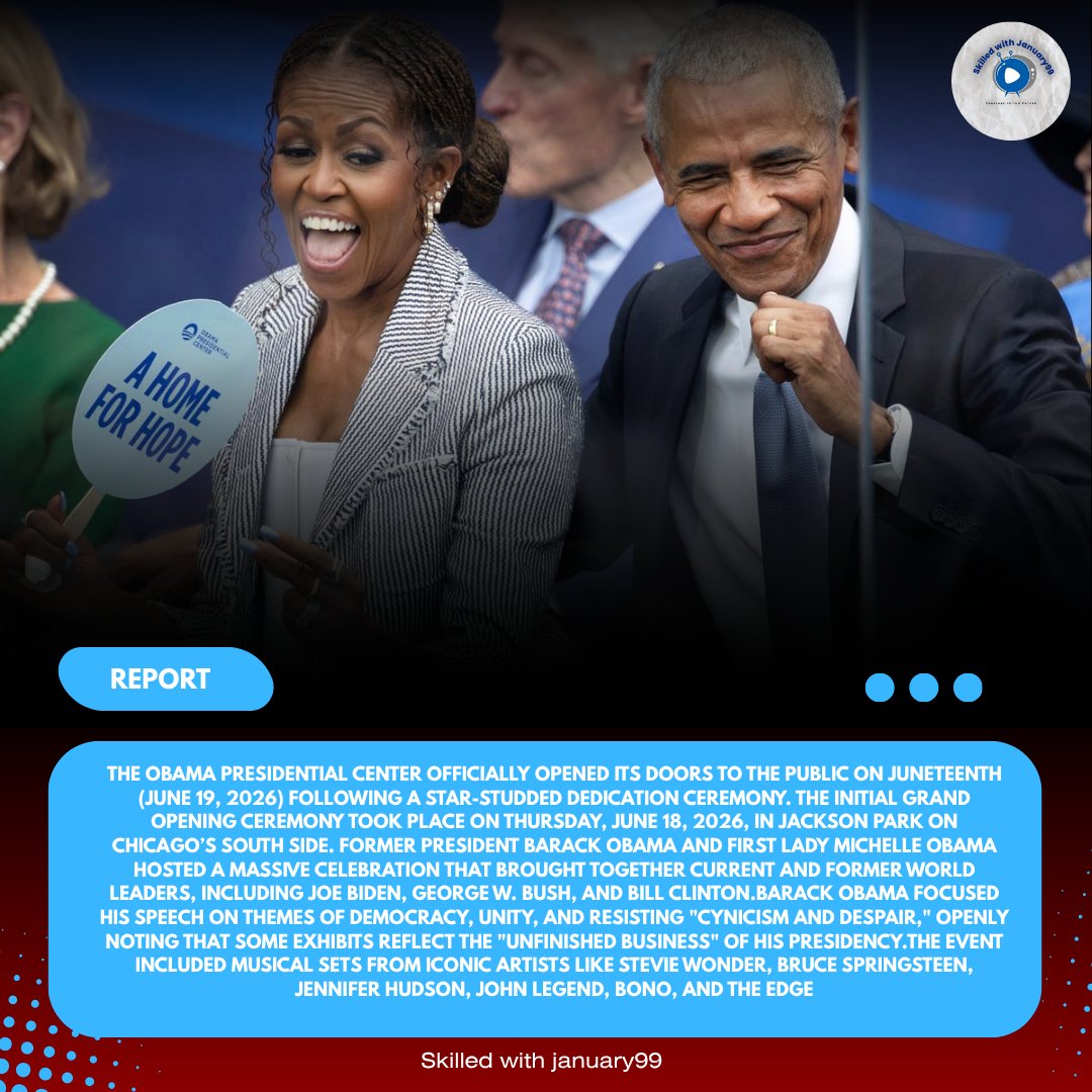 Skilledwitjan9's tweet photo. The Obama Presidential Center officially opened its doors to the public on Juneteenth (June 19, 2026) following a star-studded dedication ceremony. The initial grand opening ceremony took place on Thursday, June 18, 2026, in Jackson Park on Chicago’s South Side.🤍❤️💯💜🫡 https://t.co/rocNP9SyC2