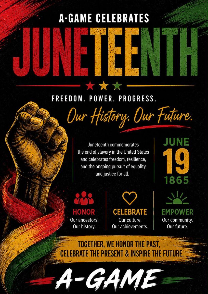 agamefit44's tweet photo. Today, we celebrate Juneteenth — a day that honors freedom, resilience, progress, and the ongoing pursuit of equality.

Honor the past. Celebrate the present. Build the future.

Happy Juneteenth from the A-Game Family. ❤️💛💚🖤 https://t.co/1AdVGfUd81