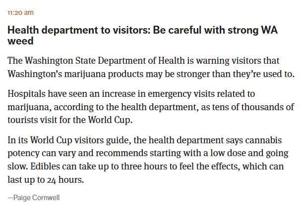 cestpatrickjr's tweet photo. State of Washington had to issue a warning to World Cup visitors about how dank Seattle weed is 🤣 https://t.co/2FLpTChPPY