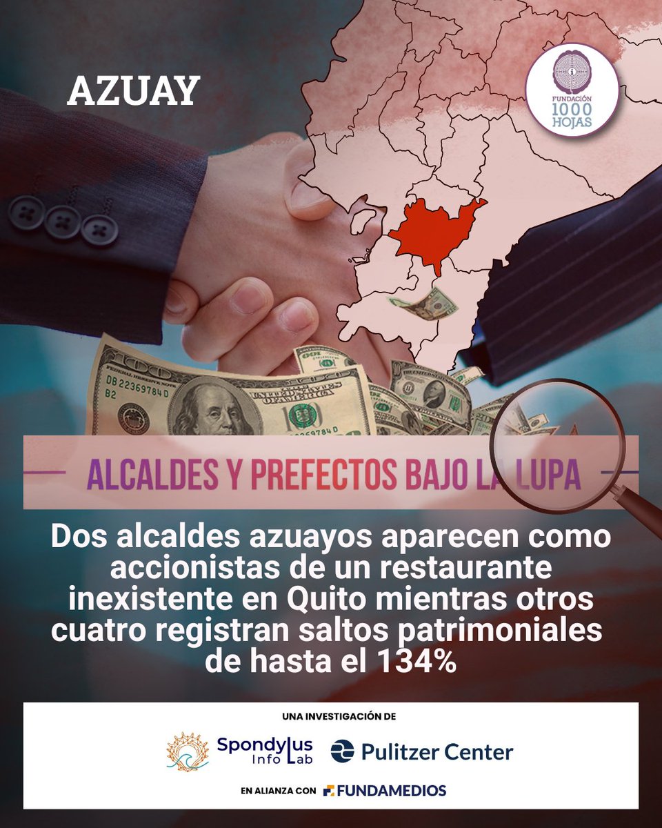 fmilhojas's tweet photo. 🚨 Azuay vive el contraste entre el progreso, el remezón político en la alcaldía de su capital, y la criminalidad en ciertos sectores.

Mientras todo esto ocurre, una investigación periodística revela irregularidades empresariales y saltos patrimoniales llamativos entre autoridades locales.

📊 Cifras y hallazgos clave en Azuay:

• 134% de incremento: Es el drástico aumento patrimonial que registró el alcalde de Gualaceo, Marco Tapia, en apenas un año de gestión, al pasar de USD 19.139 en 2024 a USD 44.730 en 2025.

• 2 alcaldes vinculados: Las autoridades de Paute y Pucará constan como accionistas de una misma empresa creada en 2026, la cual registra la dirección de un restaurante inexistente en Quito.

Azuay también presenta el menor número de autoridades seccionales vinculadas a investigaciones penales.

💼Esta investigación de Spondylus Info Lab, con apoyo del Pulitzer Center y en alianza con Fundamedios, es difundida por 37 medios de comunicación del país.

👉 Lee la investigación completa en https://t.co/SYejOizv63 en este enlace: 🔗:https://t.co/VLS13Ddnda

👉Si no puedes acceder a nuestro sitio web, te dejamos la versión en PDF en este enlace 🔗: https://t.co/MSbsvMbryQ
#AlcaldesyPrefectosBajoLaLupa #Transparencia #Fiscalización #PeriodismoAFondo #Ecuador