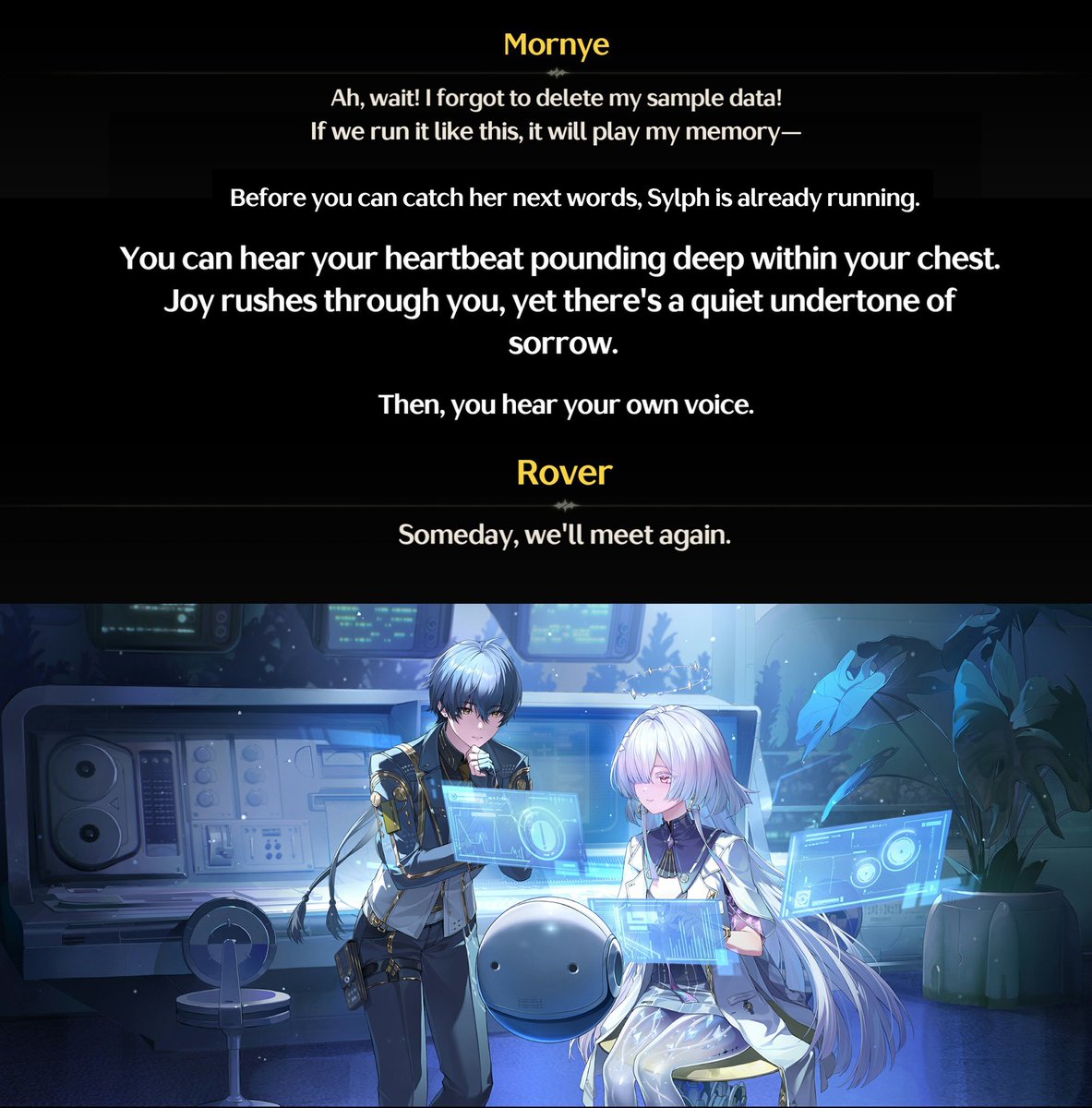 KagaOnda's tweet photo. This, this is the very reason why we MUST protect the canon story and narrative of Kuro Games. Because there is always an individual who spares no lie to smear and disrespect the company that provided us with these projects. 

Like, what are you even talking about? I’m not going to argue that Lucilla’s story is short.

But Mornye? Her entire interaction with Rover, from the beginning of 3.x through the event and story, revolves around her feelings and longing for him.

Sigrika has a main quest, event bond quests, and even a world quest dedicated to showing her growing affection for Rover.

Denia’s character arc literally culminates in her gaining a heart by learning to trust Rover. She even promises to turn all of her "hate" into "like" before answering his question. And let's not forget her comforting Rover by telling him not to fear the loneliness of the Void because she’ll be there by his side.

And Hiyuki? Hiyuki literally sent her swan into Rover, making him the very reason she can hope for a future where she can walk into spring.