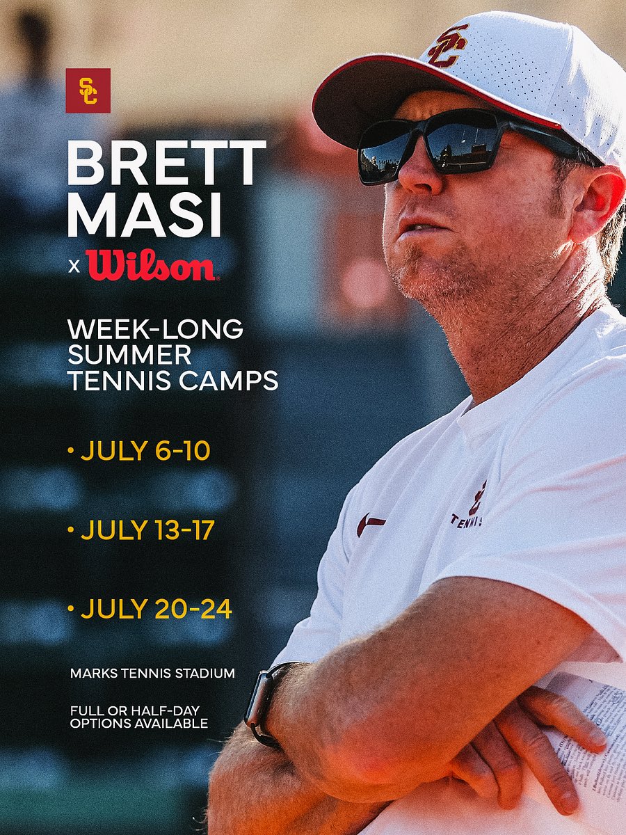 USCMensTennis's tweet photo. Time is running out🚨 Sign up today for a chance to learn from Coach @MasiUSC ✌️

Camps are open to any and all entrants (limited only by number and age, grade level and/or gender).

🔗 https://t.co/OFTJ3dUQma https://t.co/knaVo9u0Nb