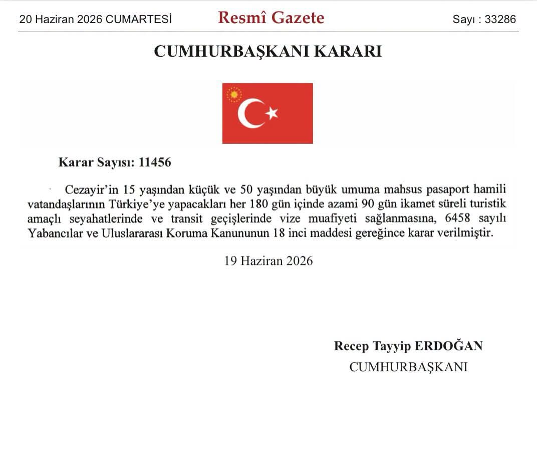 TC_OranBK's tweet photo. Le décret présidentiel relatif à l'exemption de visa pour les voyages et les transits en Türkiye des ressortissants algériens âgés de moins de 15 ans et de plus de 50 ans a été publié au Journal officiel.
🇹🇷🇩🇿 https://t.co/3QocuYdntA