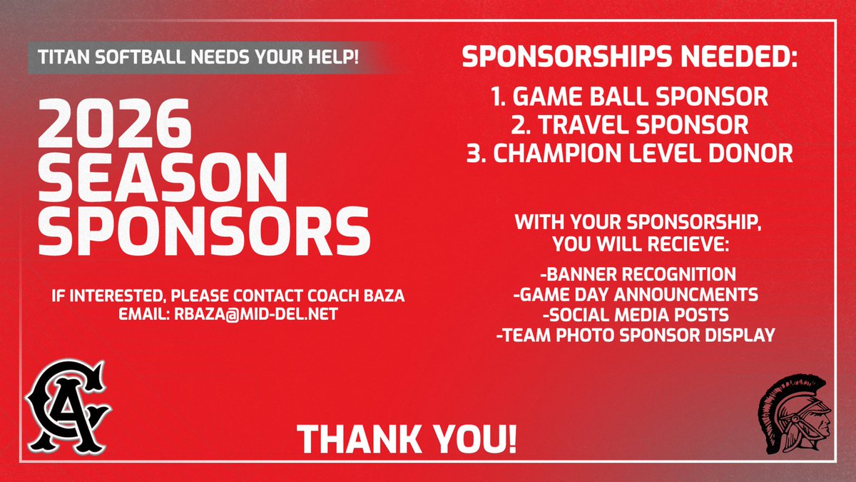 CATitanSoftball's tweet photo. With the upcoming 2026 Fastpitch Softball season nearing, the Titans are in search of some important sponsors to help their journey to defend their 2025 State Championship, and ease some of the financial needs of the softball season. https://t.co/Dkxlq3zpxq
