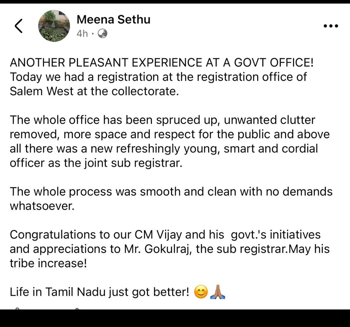 dmuthuk's tweet photo. Even if this is PR as critics say, this is the kind of PR our state needs. Once people experience zero corruption in public life, there is no going back. It would no longer be only the government's initiative - it would become part of everyday public life.

When did we ever hear someone say there was no money demanded at the sub registrar’s office?
