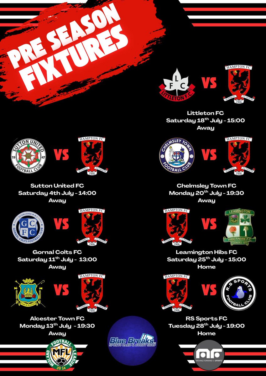 hampton_fc's tweet photo. A busy pre season scheduled for @KKingham77 ‘s lads sponsored by @bluebreaksllc as we prepare for his 2nd season with Hampton we look to build on a strong 2nd half of last season. @SuttonUtdFC @AlcesterTownFC @FClubLittleton @GornalColtsFC @chelmsleytown @rssportsfc @HibsLeam https://t.co/9KofWdddtj
